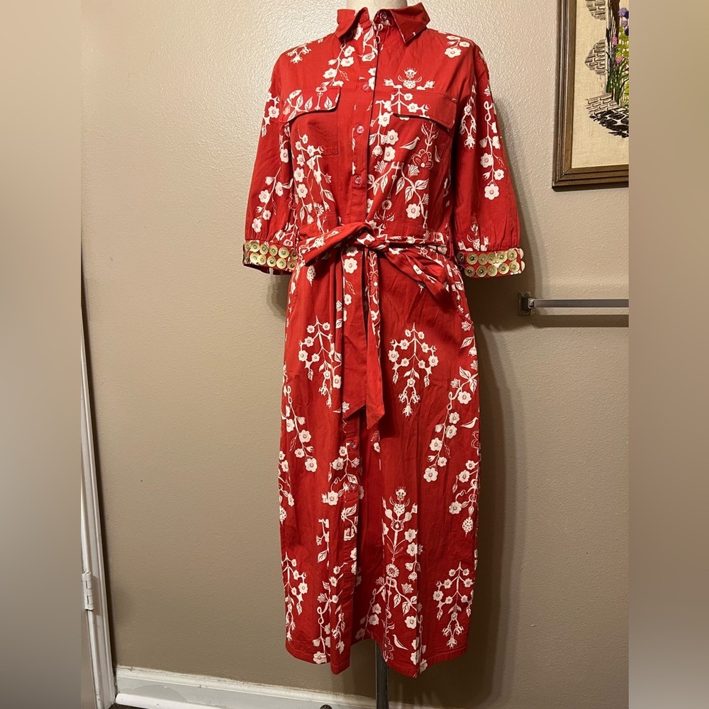 Sheridan French Red Floral Maxi Shirt Dress with Tie Waist